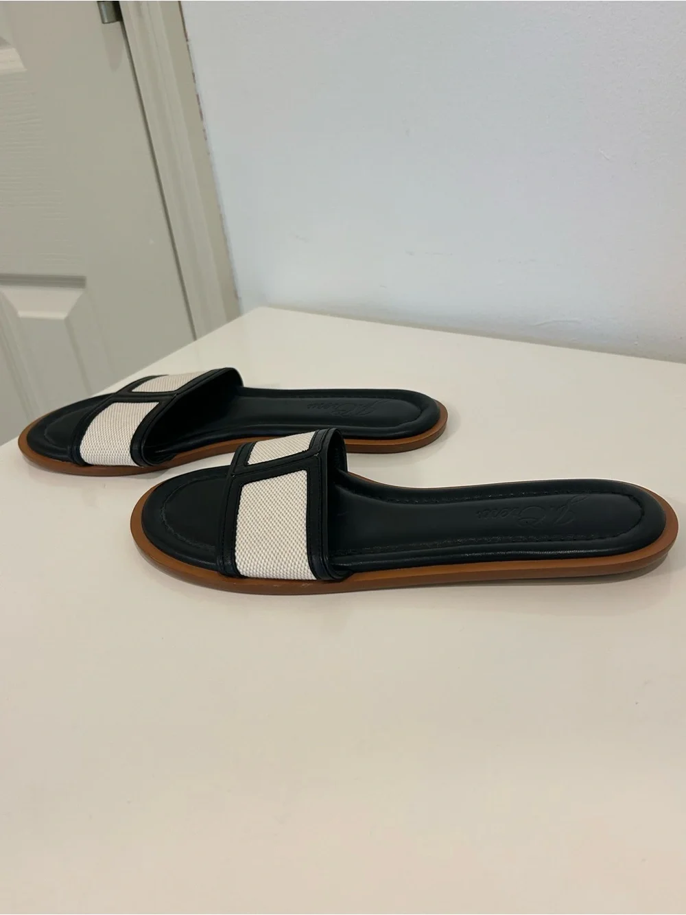 J. Crew Black and White Slide Sandals with Brown Sole Trim